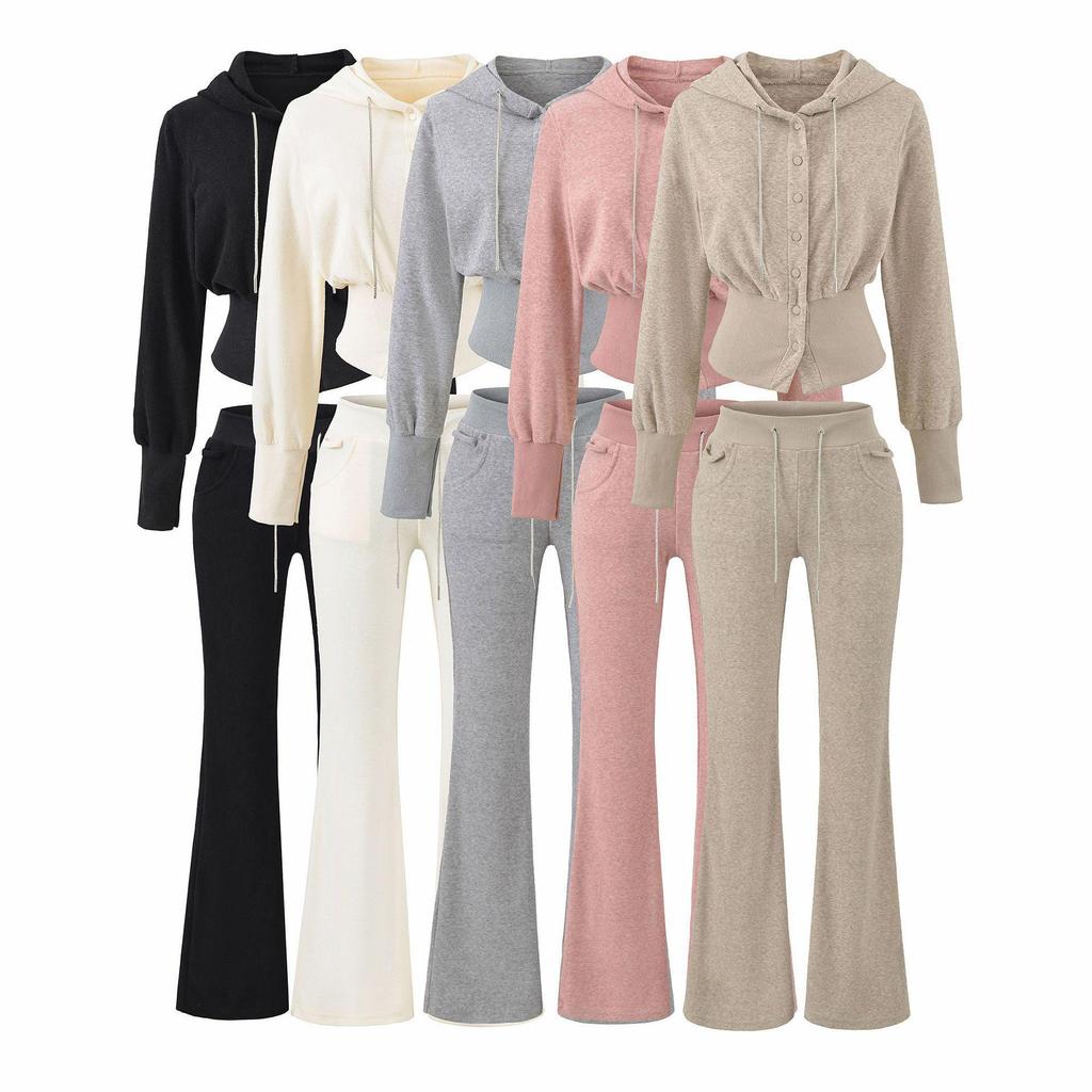 2026 Women's Chic Waist-Cinching Diamond Hooded Cardigan & Micro-Flare Pants Set