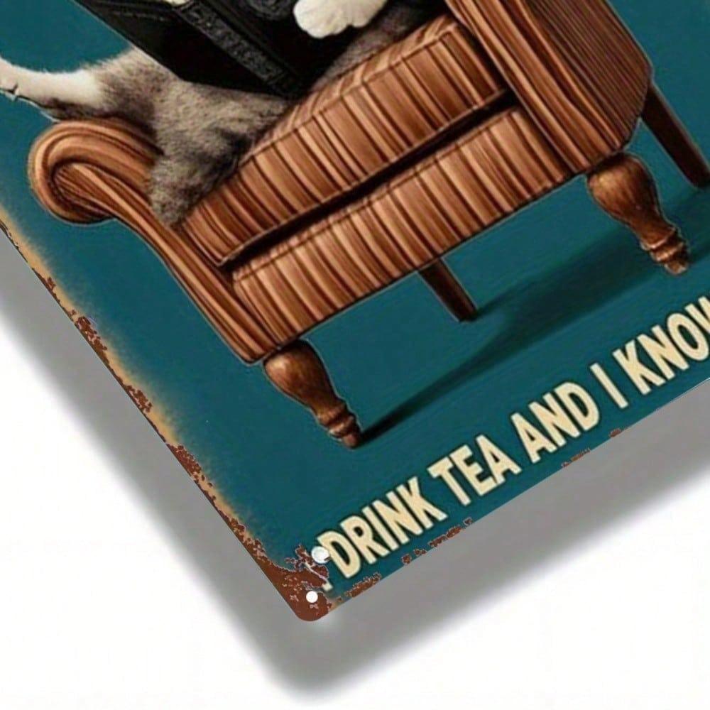 Vintage Cat Reading Tea Metal Sign 8x12 – Cartoon Wall Art for Home, Kitchen, Café, Bar & Garage