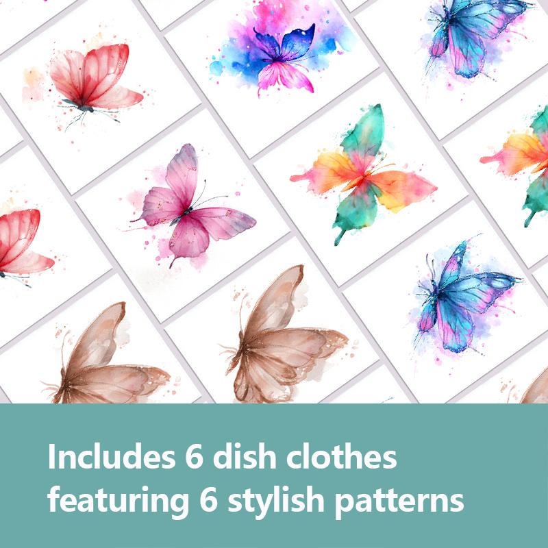 6PCS Cleaning Dishcloths Reusable Kitchen Dish Towels Watercolor Butterfly Pattern Dishcloth Absorbent Lint Free Cloth Washable Duster Rags Tea Towels