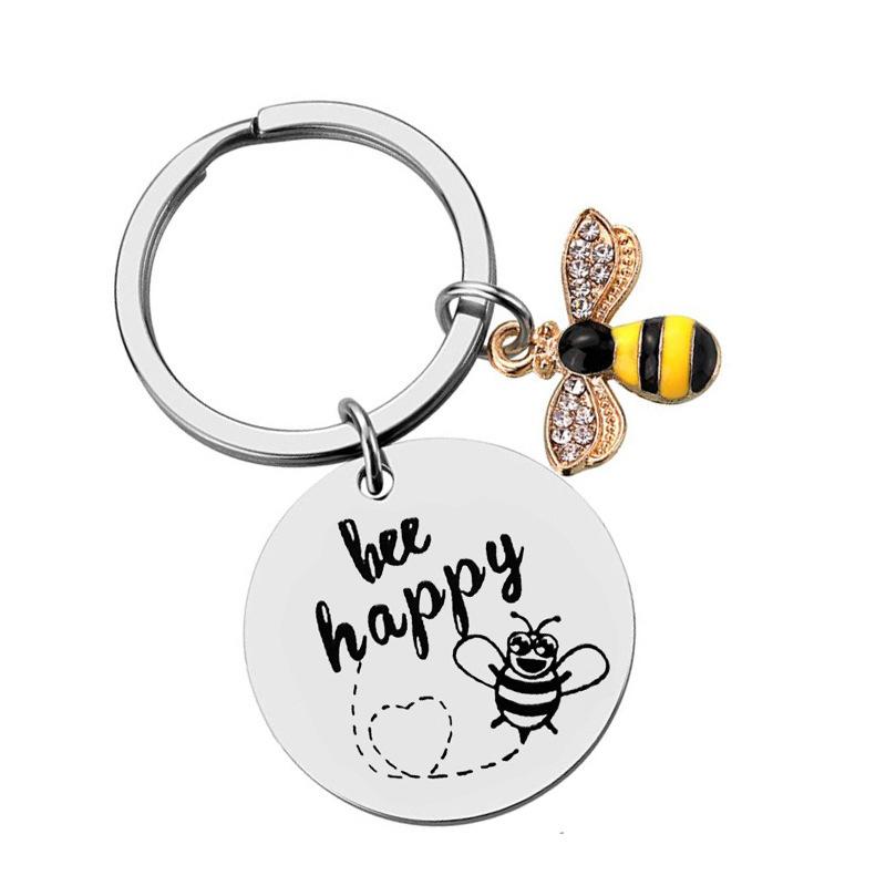 Teachers Day Keychain Bee Happy Little Bee Stainless Steel Keychain Gift Stainless Steel Keychain for Backpack Bag Pendant