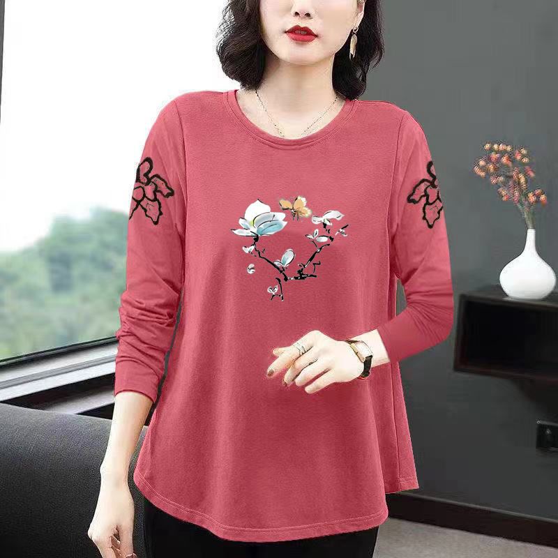 Großes, lockeres, langärmeliges, bedrucktes T-Shirt, Damenmode, Rundhalsjacke für Mütter mittleren Alters, Frühling und Herbst, koreanische Jacke für Mütter mittleren Alters