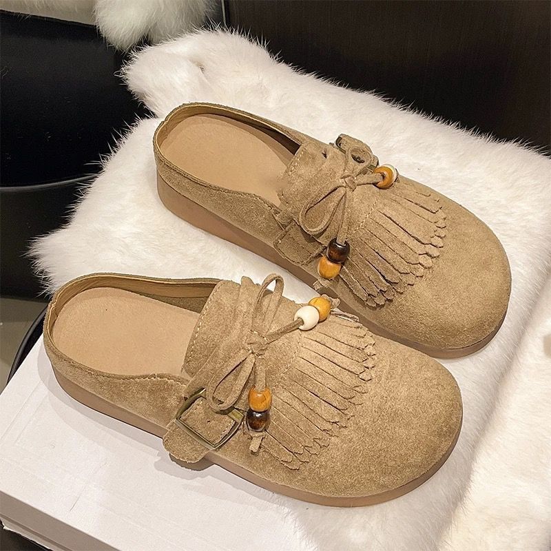 Super Popular Thick-soled Comfortable Non-slip Bag Head Half Slippers Women's Fringed Bow Single Shoes 2025 Spring and Summer New Models