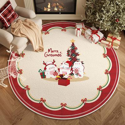 Christmas Round Carpet Cartoon Rabbit Pattern Floor Mat Festive Anti-slip Decor Rug for Party Living Room Kids Room Entryway
