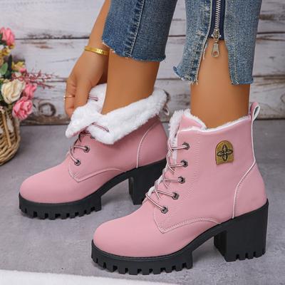 Thick-soled Fleece Fashion Boots, Women's Plus-size Lace-up Shoes, Mid-heel Boots