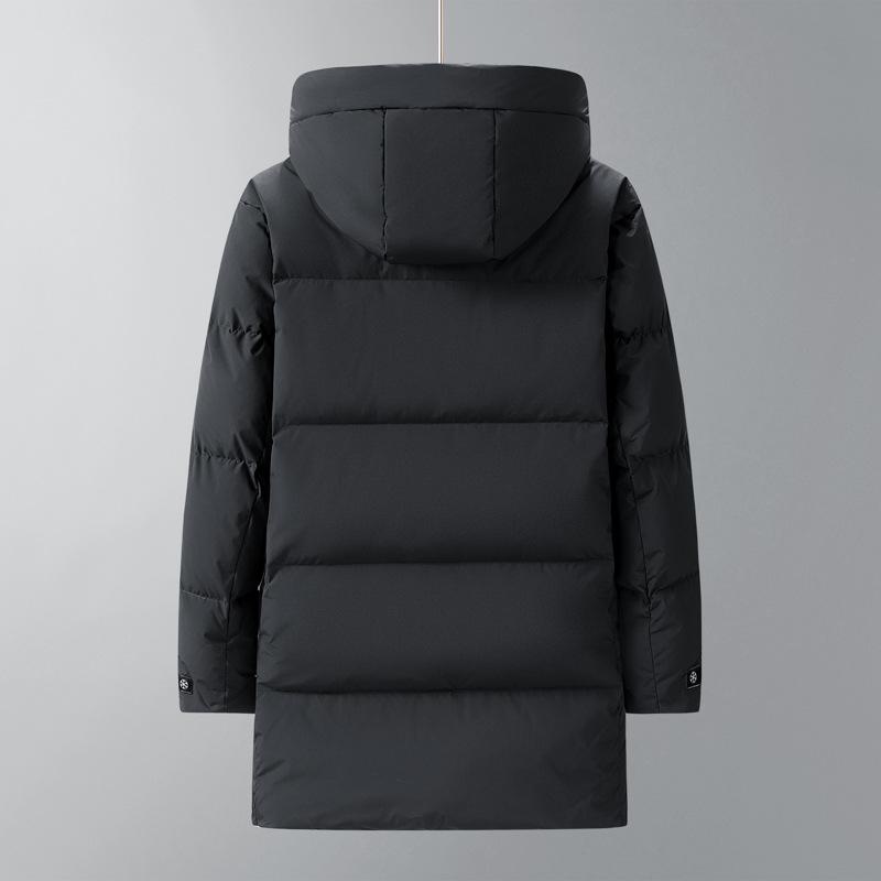 Men's Mid-Length Hooded Black Down Jacket - Thickened Winter White Duck Down Coat for Warmth