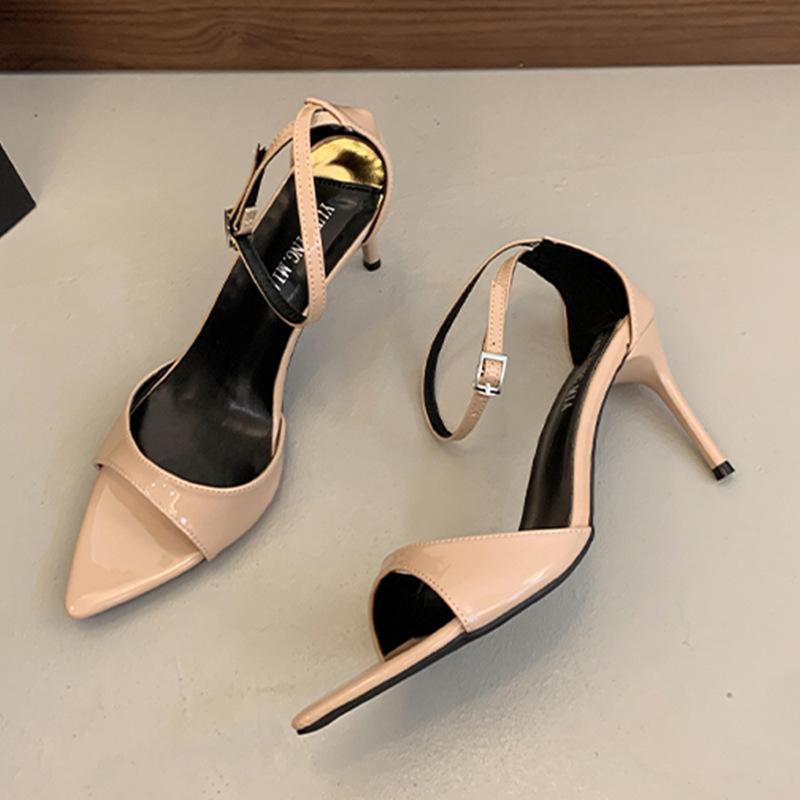 

Женские летние туфли на высоком каблуке с золотистым ремешком, новинка 2025 года, сандалии-стилет с темпераментным квадратным носком и ремешком через подъем 42 абрикосовый