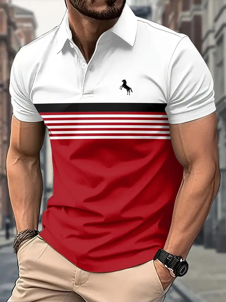 Men'S Casual Short Sleeve Polo Shirt Striped Color Block Design Sporty Style Collared Golf Shirt for Summer