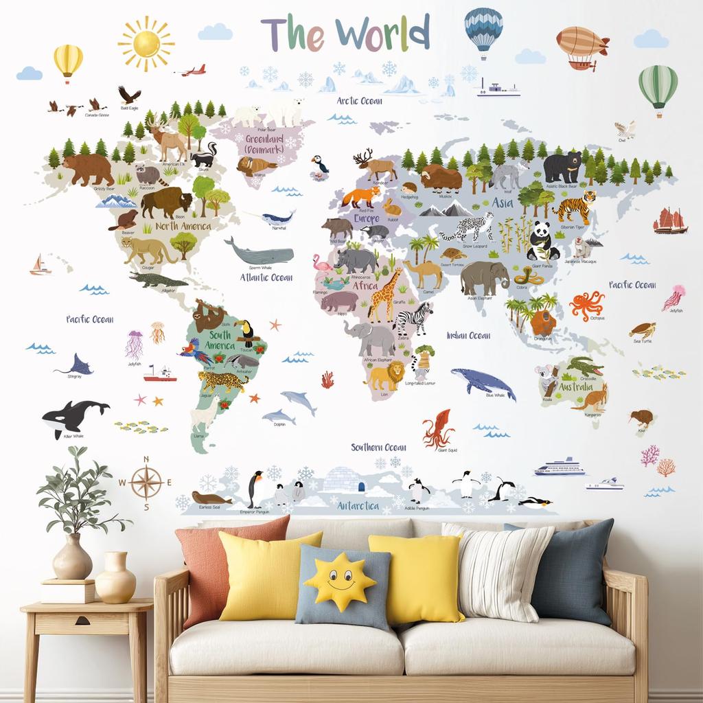 Decowall World Wall Sticker with 105 X 83 Educational Interior Wall Perfect for Baby and Peel and Stick Wall Decals Animals, Large, Cm, Decoration,