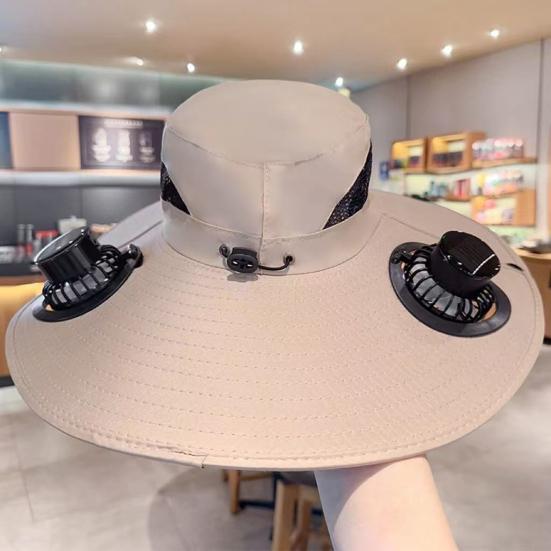Buckle Hat with Dual Fans Large Battery Solar Charging Full-Face Sun Protection Large Brim Sun Hat Adjustable Drawstring Walking Cooling Hat