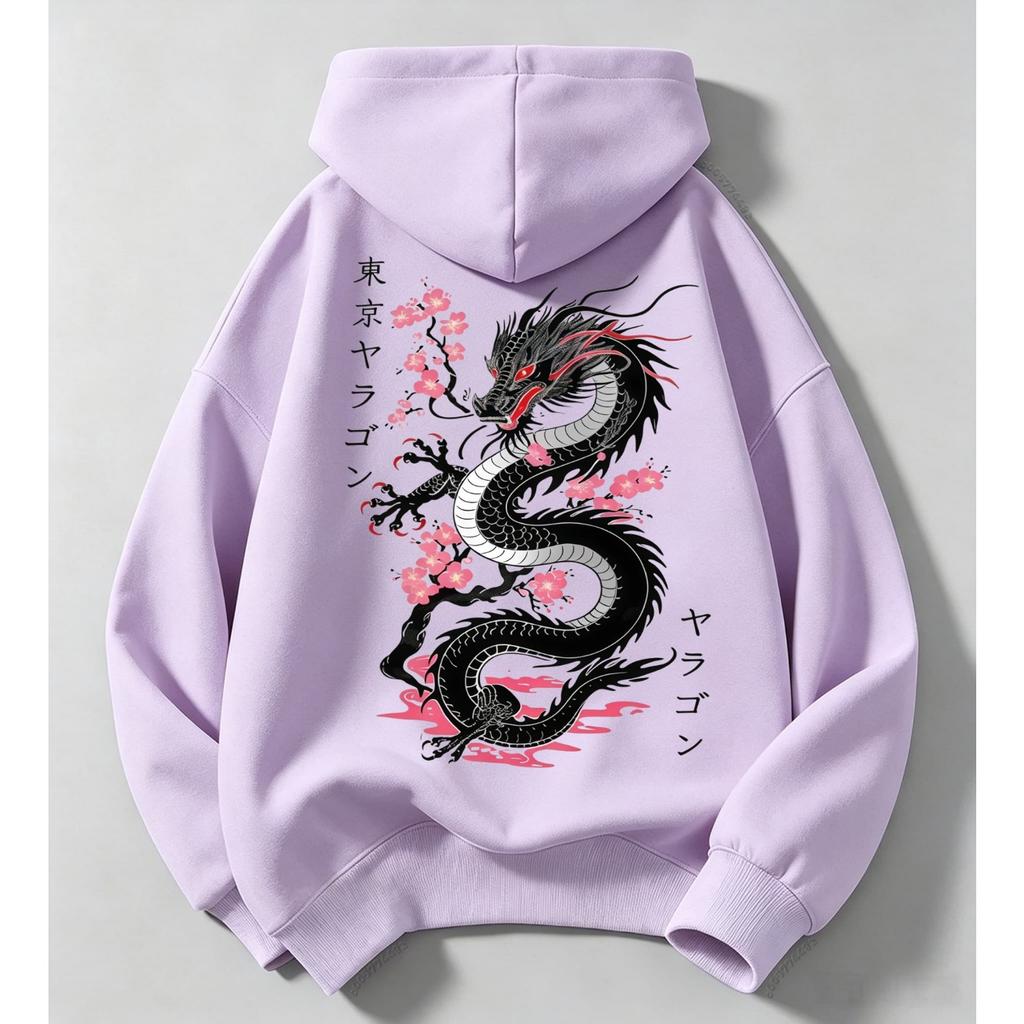 Vintage Japanese Streetwear Kids Hoodie Black Dragon Sakura Cherry Blossom Print Loose Oversized Pullover For Boys Girls