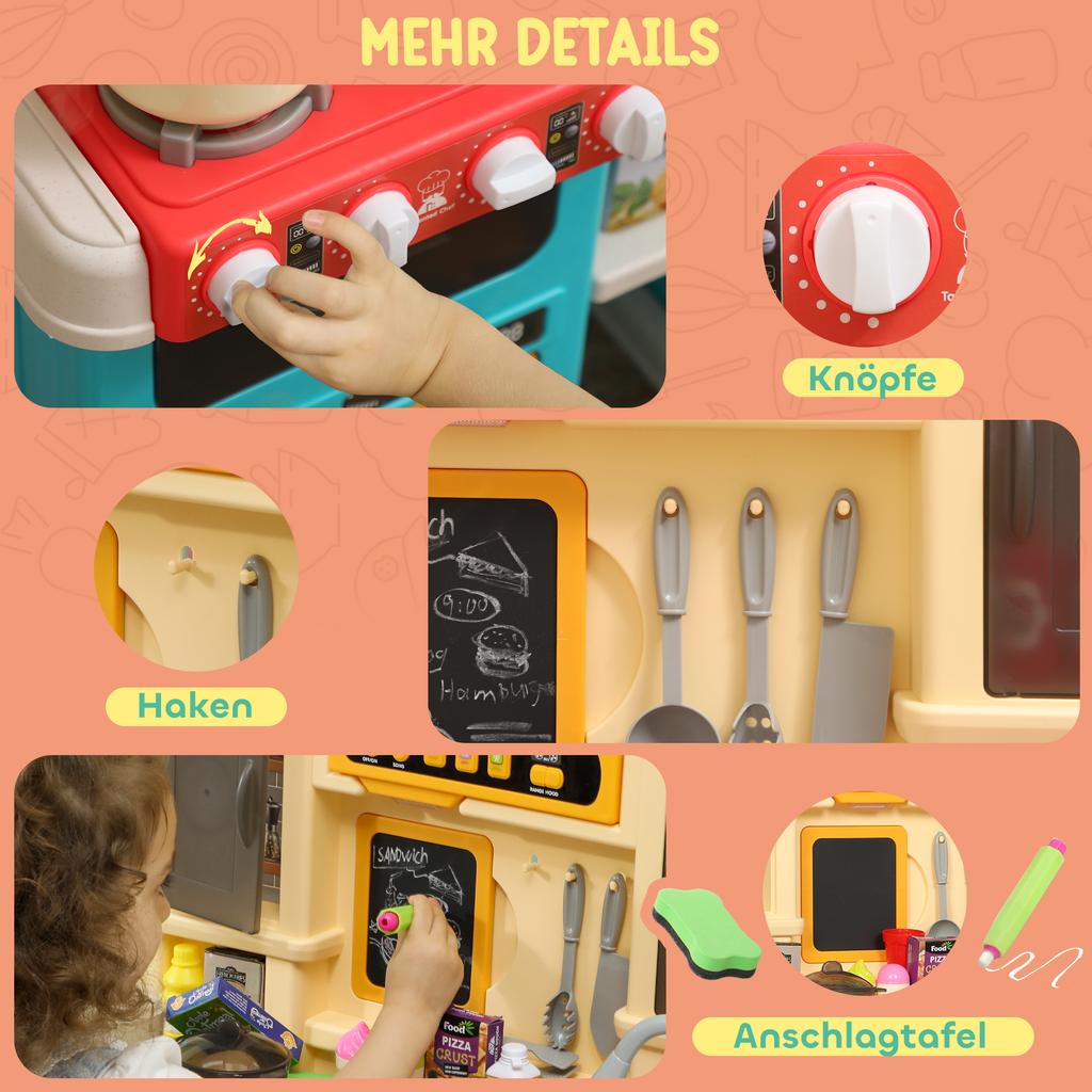Cocina de Juguete con Agua Corriente, 85 Piezas de Accesorios, Grifo Eléctrico, Luces, Sonidos, para Niños de 3 a 6 Años, Plástico, Verde