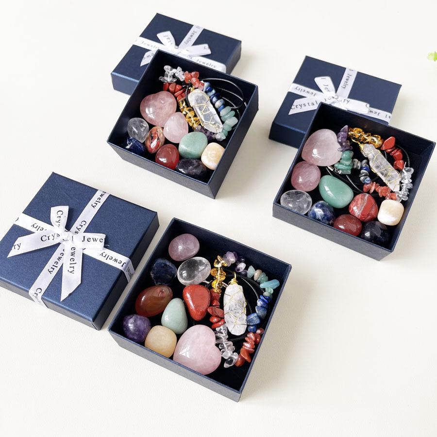 Natural Crystal Rainbow Stone Set - Pink Crystal Heart Hexagonal Pillar Pendant with Multi-color Combinations Gift Box