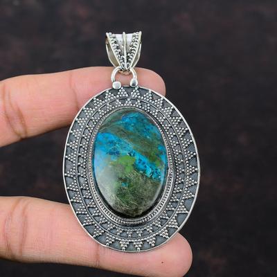 Krysokollahänge Ädelsten Vintagehänge Handgjorda smycken 925 Sterling Silverhänge Krysokolla smycken Present till henne Statement-hänge