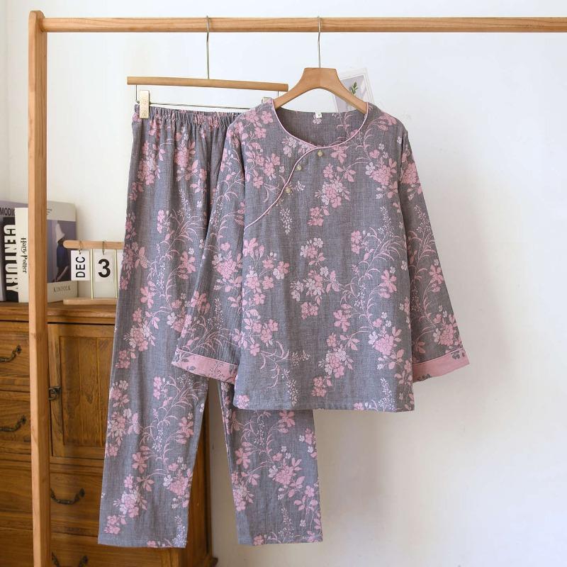 2026 Ny Dam Vår och Höst Pyjamas Set 100% Bomull Gasväv Rund Hals Långärmad Tunn Hemkläder Tvådelat Set