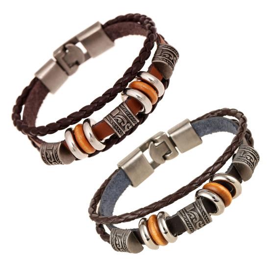 Men Bracelet Vintage Three Layers Braided Ethnic Stainless Alloy Hand-woven Exquisite Lightweight Faux Leather Decorative Wrist Strap