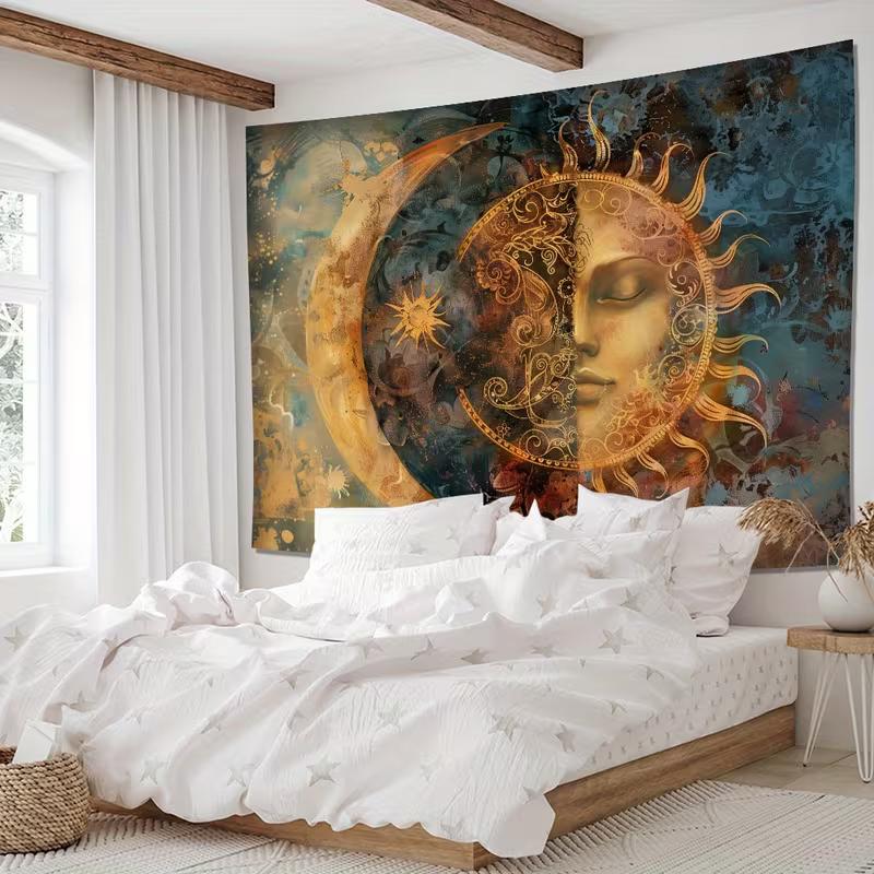2D Boho Sun Moon Face Wall Tapestry, Mystical Astrology Art Wall Hanging for Home Decoration