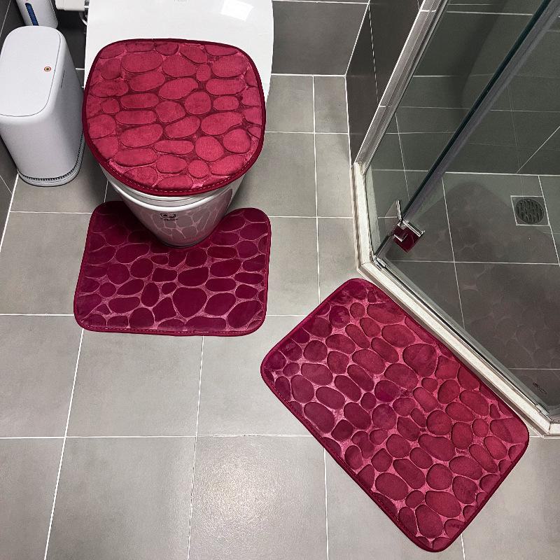 Flannel Non-Slip Absorbent Bathroom Mat Set with U-Shaped Toilet Cover and Quick-Dry Wash Basin Mat