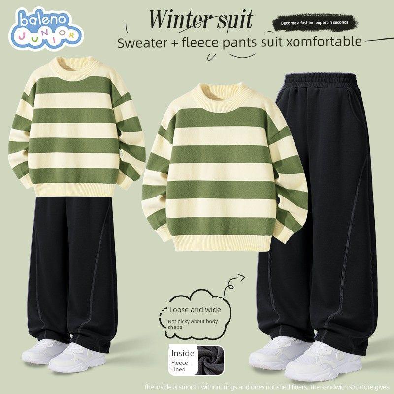 Baleno Kids Children s Suit 2025 Autumn/Winter New Fleece-Lined Boys  Pants Thickened Striped Sweater Autumn/Winter Green Apricot#Solid Color+S-Black#Solid Color 110