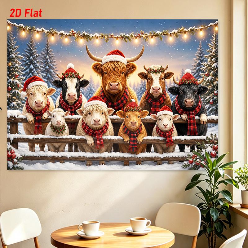 1Pc Christmas Cows Santa Hats Tapestry Wall Hanging, Decorative Fabric Poster for Bedroom, Living Room, Dorm & Home Decor