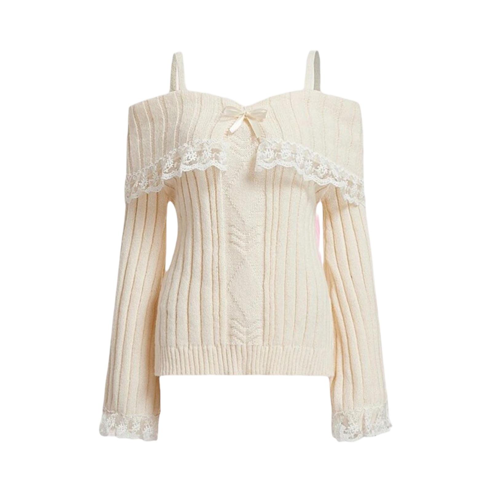 

Women Off Shoulder Lace Trim Knit Sweater with Spaghetti Straps Long Sleeve Pullover Ribbed Top for Casual Wear XL бежевый