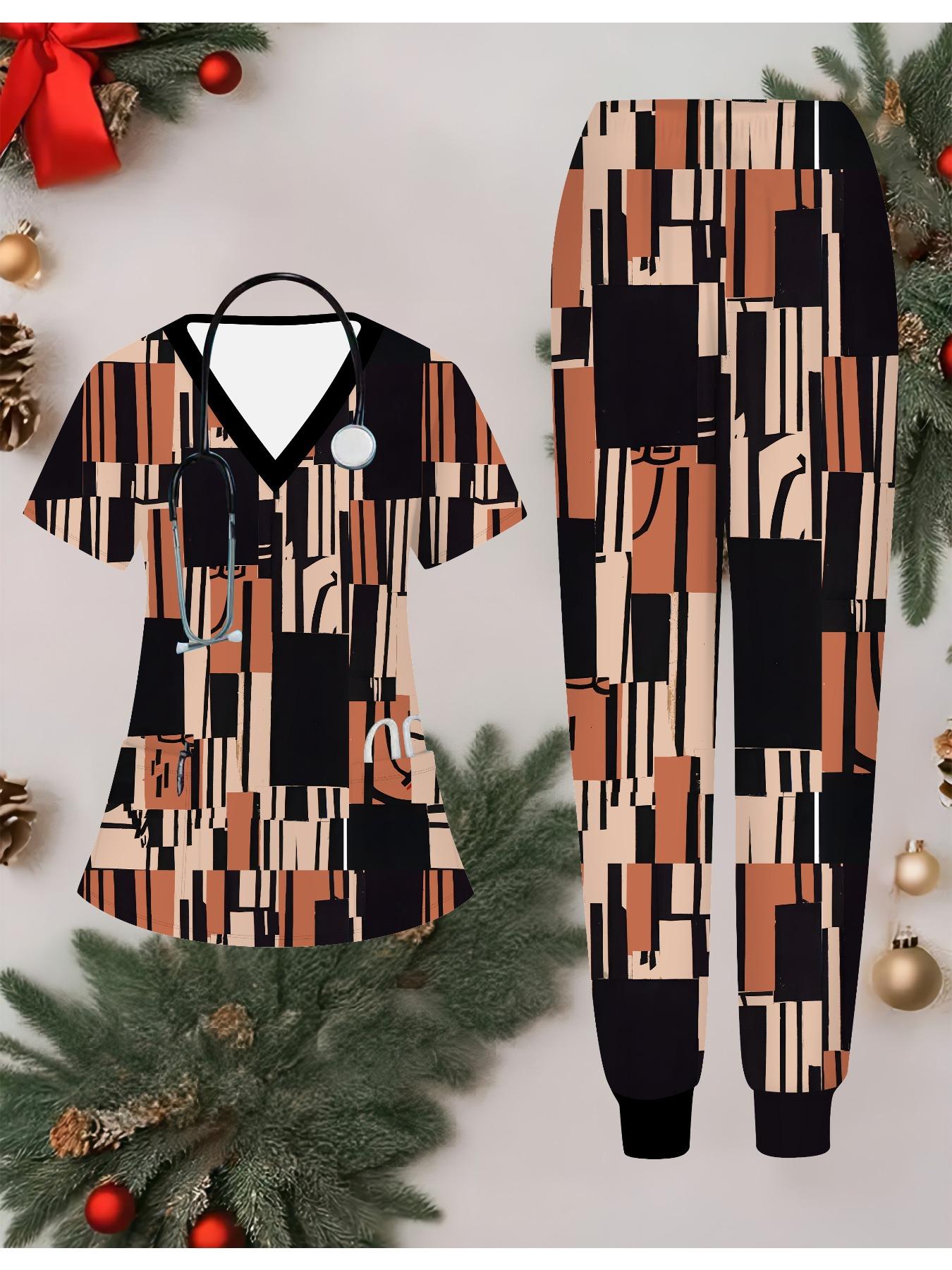 

Комплект женской формы медсестры с 3D-принтом бабочки, короткий рукав, длинные брюки с карманом, повседневный, модный, рождественский подарок XXL коричневый