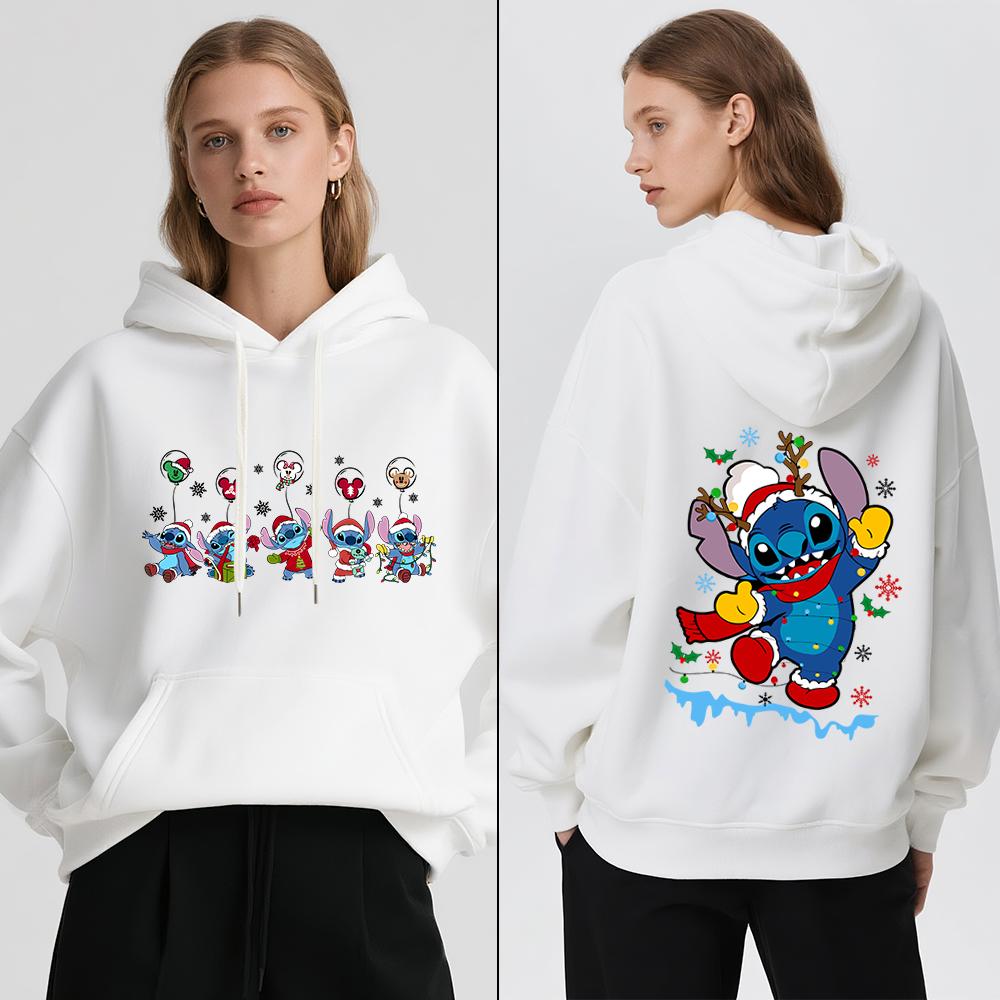 Disney Stitch Christmas Print Women Fleece Hoodie Winter Warm Pullover Casual Holiday Travel Party Outfit Soft Cozy Sweatshirt