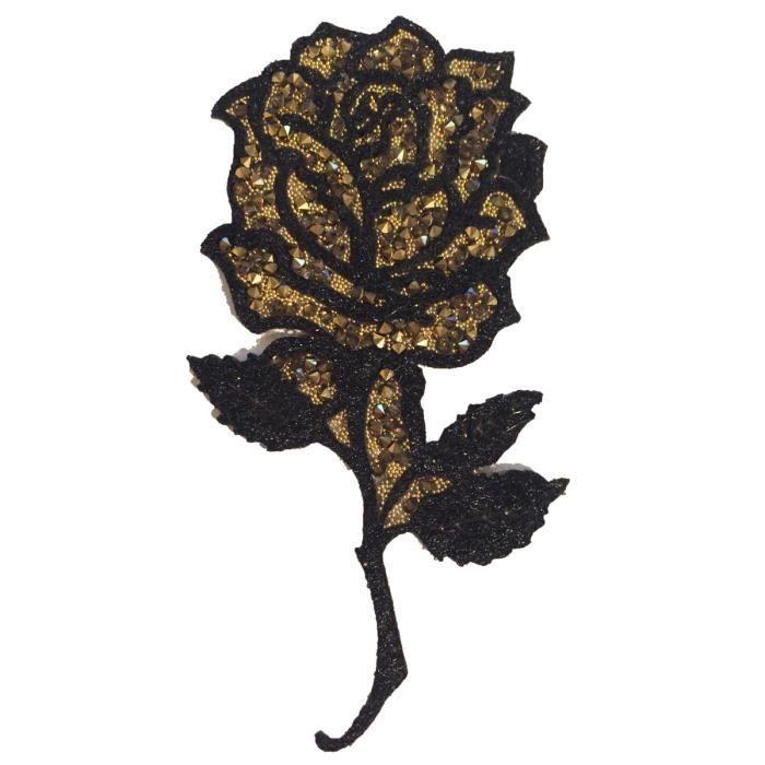 Ecusson thermocollant Rose entière avec strass noir et or XL