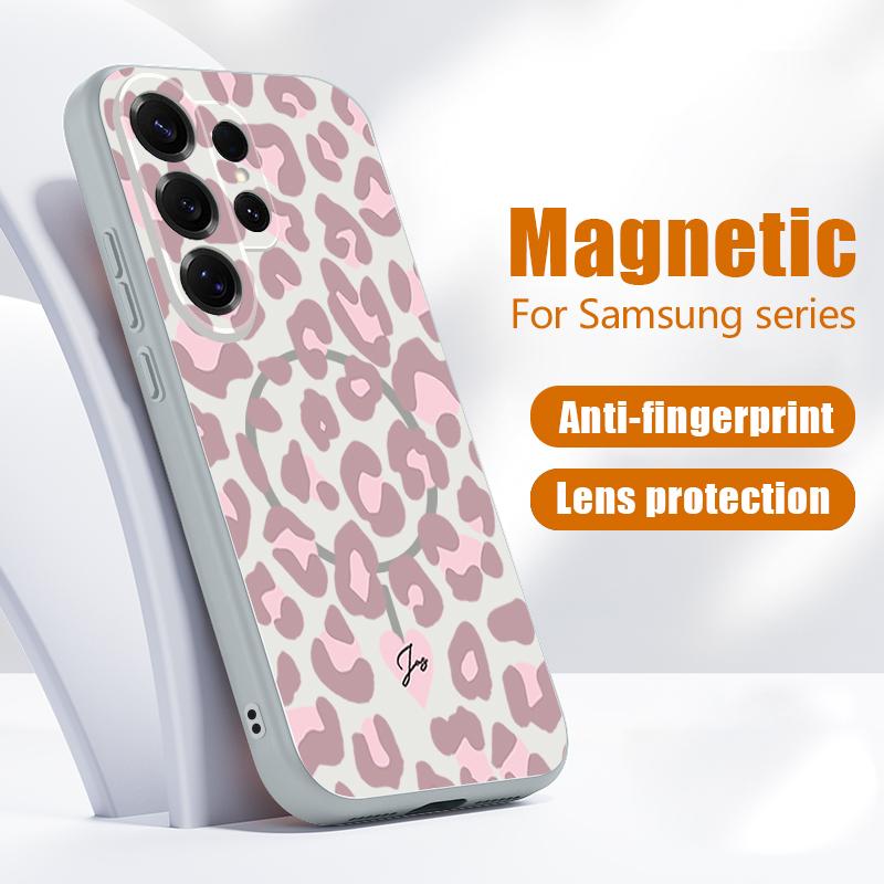Magnetic For Magsafe Case For Samsung Galaxy S26 Ultra S25 Edge S24 Plus S23 FE S22 A54 A55 A56 5G Pink Leopard Print Matte Cover
