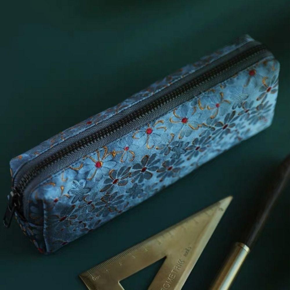 New Chinese Retro Style Pencil Case Damask Embroidery China Bird Flower Art Pen Bag Flannel Lining Beautiful Women Makeup Bag