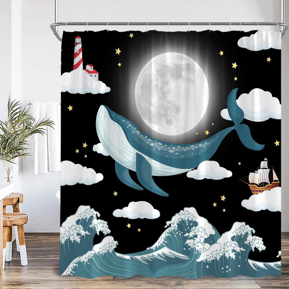 Cartoon Shower Curtain Ocean Animals Blue Whale Tropical Fish Lion Plantes Kids Bathroom Decor Polyester Bath Curtain with Hooks