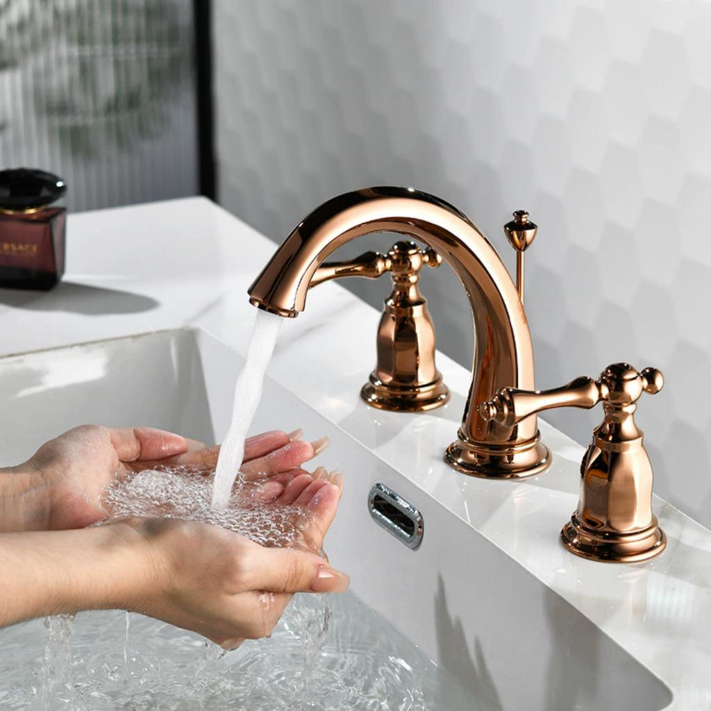 Gold Basin Faucet Brass Rose Gold Bathroom Faucet Widespread Bathroom Sink Faucets 3 Hole Double Handle Hot And Cold Water Tap