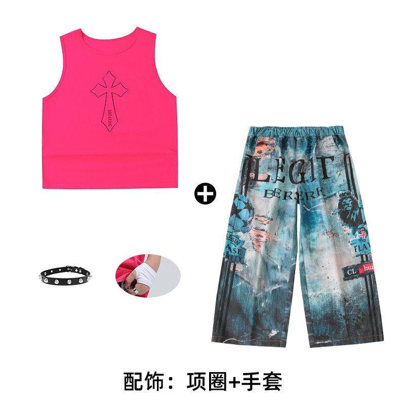 Kids Hip Hop Dance Outfit Set Boys Girls - Sleeveless Pink Top Navy Blue Pants With Accessories