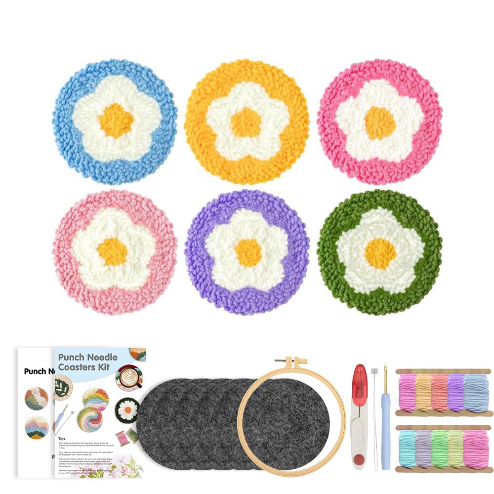 CHENISTORY 6 Pcs Flower Punch Needle Coaster Kit for Beginners Adults Easy Art Coasters Tea Coffee Cup Mat Set for Home Decor