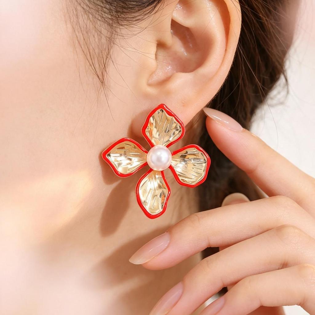 French-Inspired Unique Petal Pearl Flower Stud Earrings – Elegant & Versatile Design.