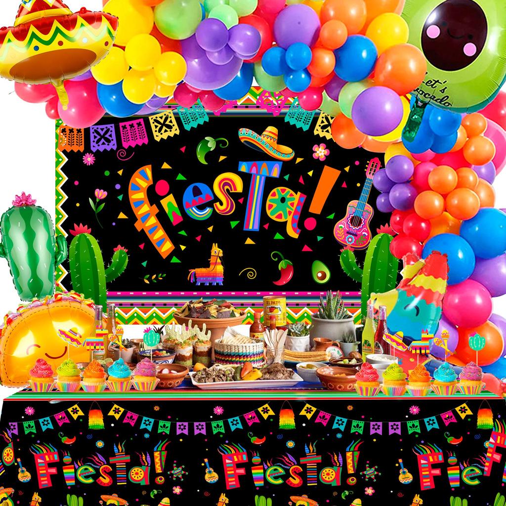 35pcs Fiesta Party Decorations Set -  Balloons,Taco Balloon,Cactus Llama Foil Balloons &Backdrop Etc Mexican Party Decorations