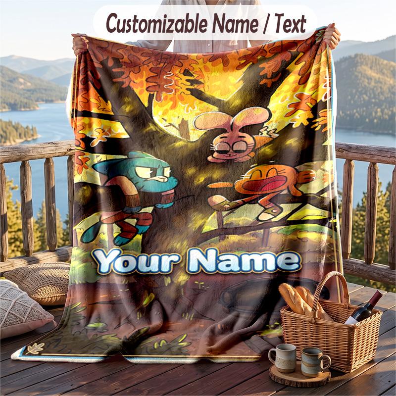 Amazing World of Gumball Flannel Blanket, Personalized Custom Name Text, Soft Warm Plush Throw Blanket For Gift