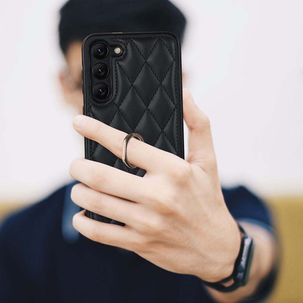 For Samsung Galaxy S23 Phone Case PU Leather+TPU Imprinted Rhombus Grid Pattern Back Cover with Ring Kickstand