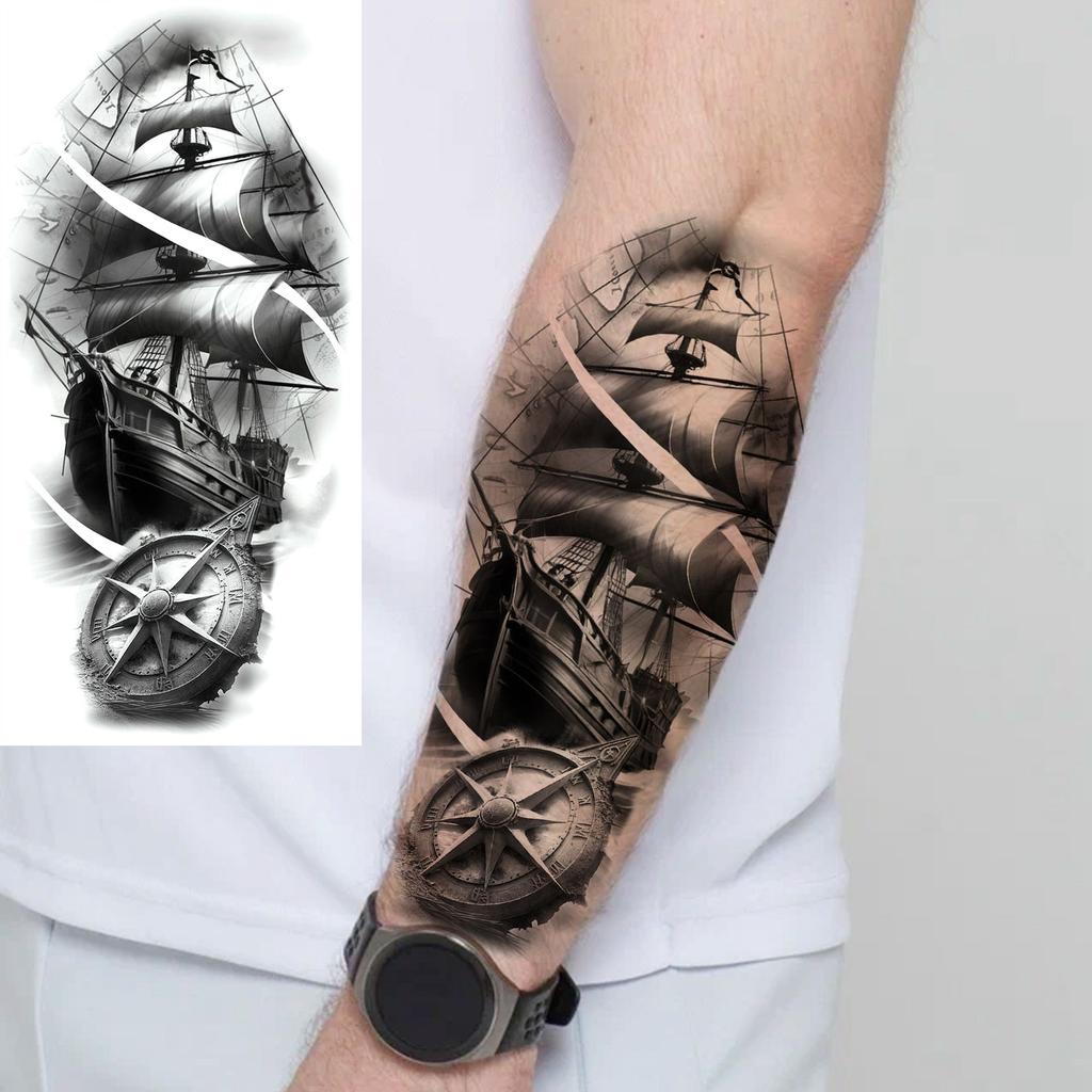 1 Sheet Compass Pirate Ship Temporary Tattoos For Women Men Adults Waterproof Tattoo Sleeve Self Adhesive Forearm Arm Leg Body