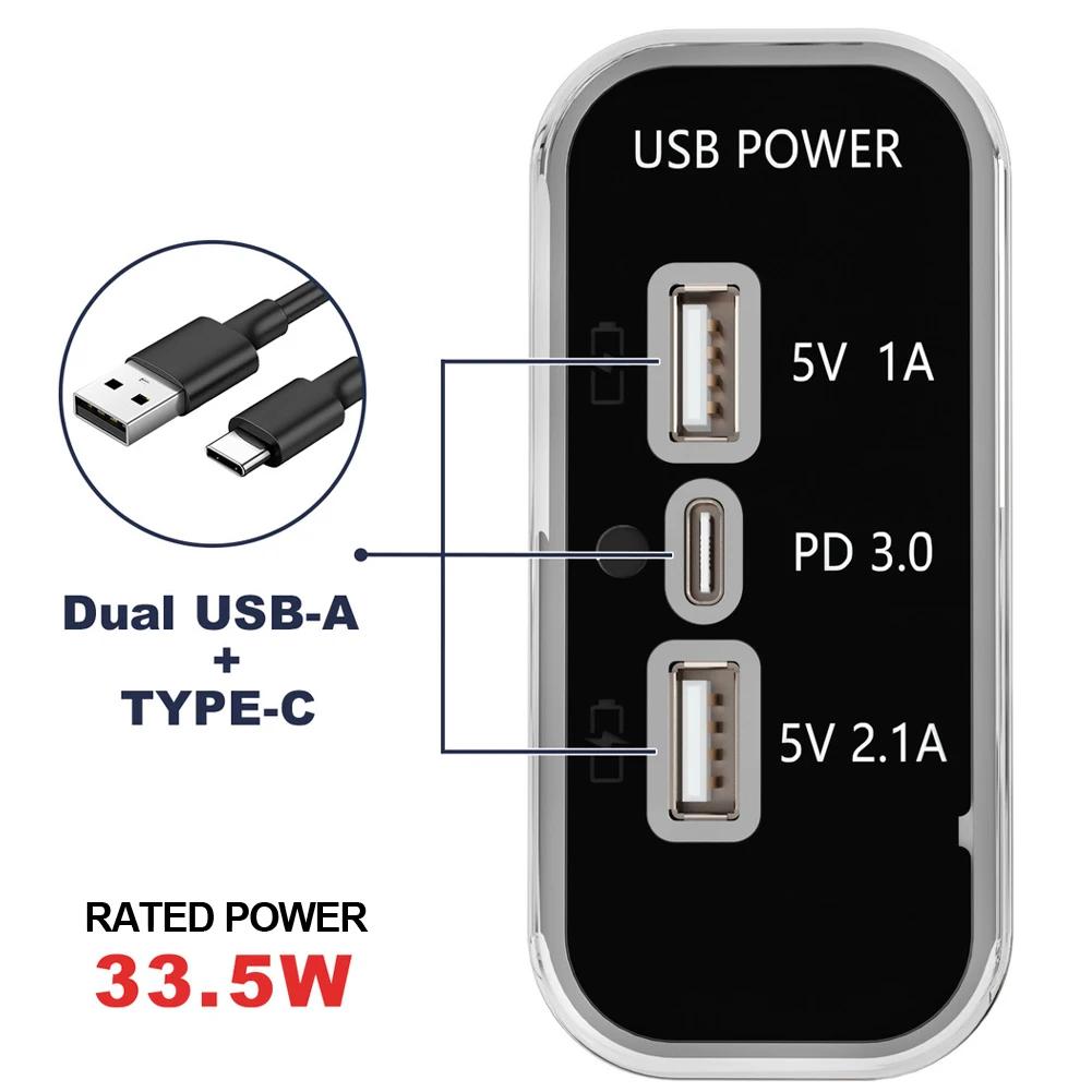 3 Ports 24W PD Type-C 2.1A 1A USB Car Charger Socket 12/24V for Motorcycle Auto Truck ATV Boat RV Bus Power Adapter Outlet