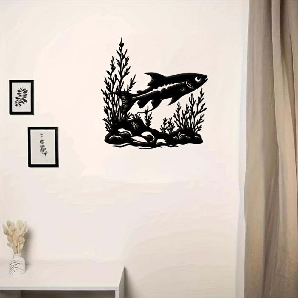 Metal Wall Art Fish Swimming Ocean Plants Stones, Black Silhouette Outdoor Decor, Housewarming Gift for Living Room Patio Coastal Modern Home