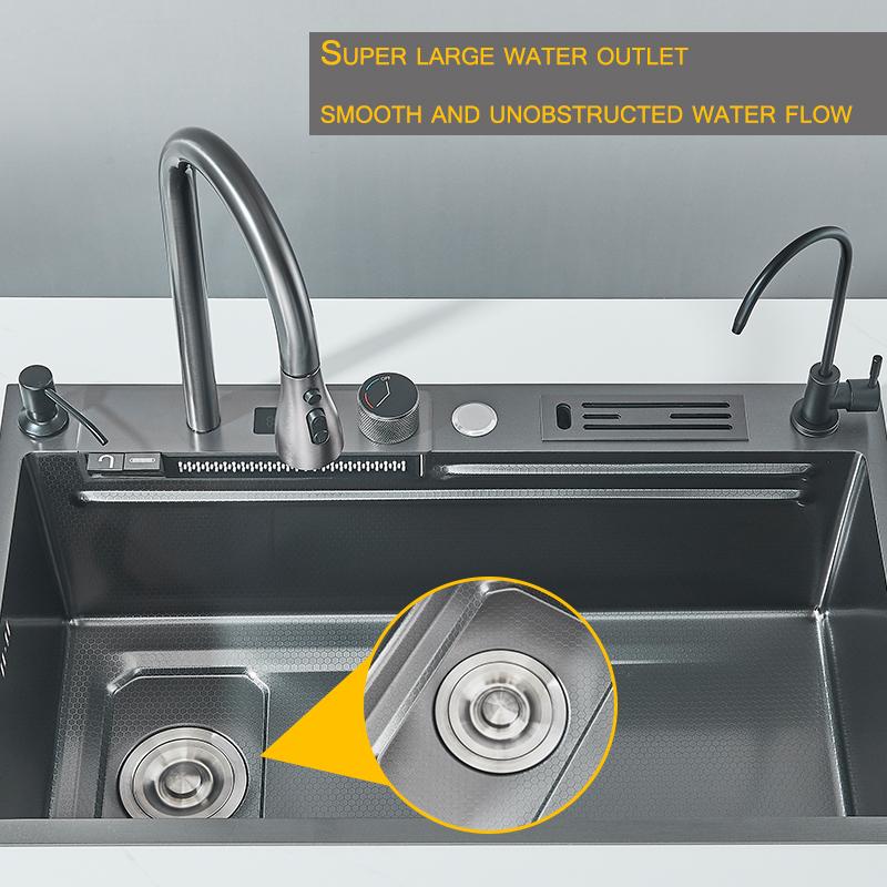 304 High 1uality Intelligent Digital Display  Waterfall Kitchen Sink Large Single Slot Integrated Digital Display Faucet Set