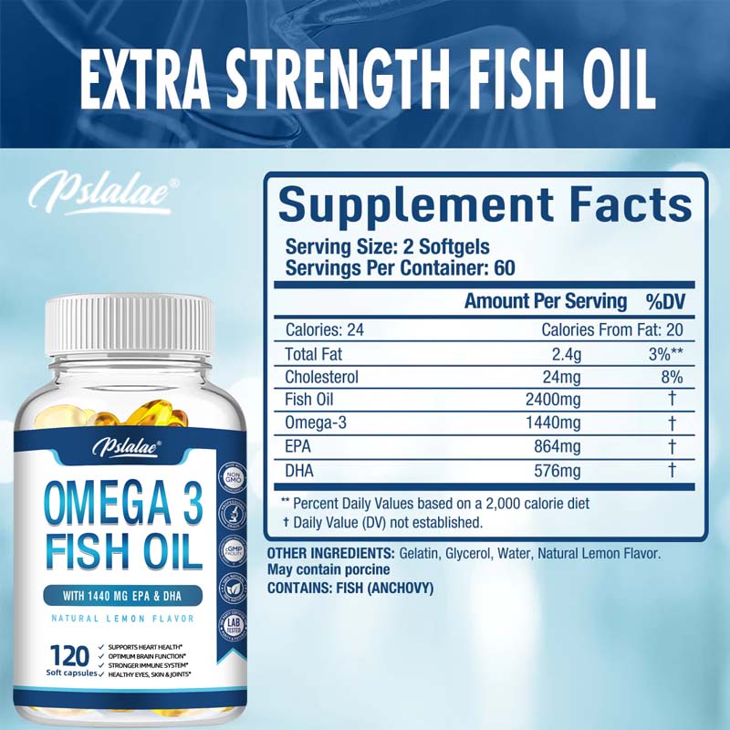 Triple-strength Omega-3 Fish Oil Capsules, Wild-caught EPA and DHA, Omega-3 Fatty Acids, Suitable for Adults.