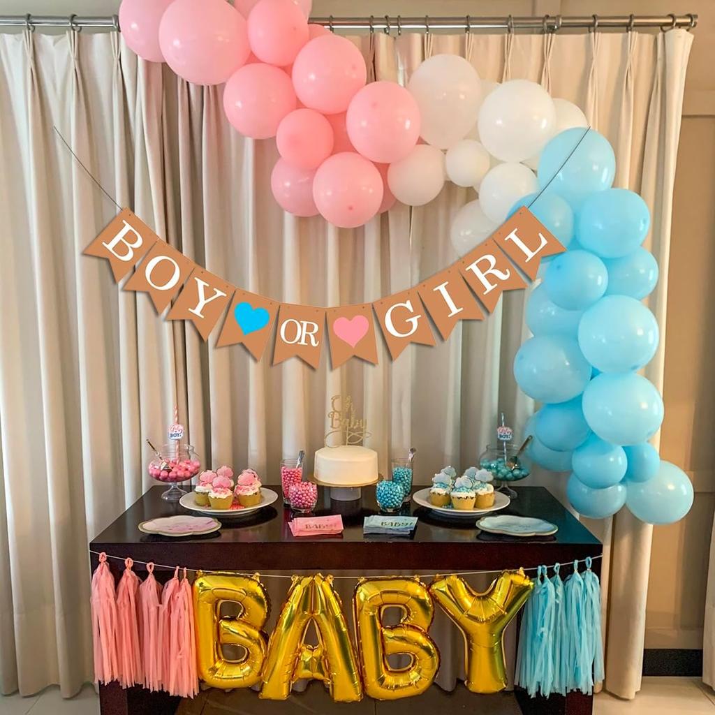 Boy or Girl Banner – He or She Baby Gender Sign for Party Decorations, Neutral Gender Reveal Decor for Baby Shower or Pregnancy Announcement