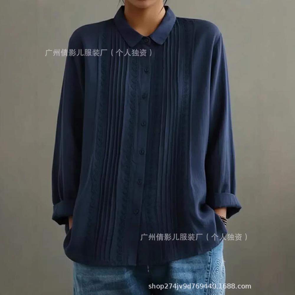European and American Artistic Style Loose Striped Lace Trim Cotton-linen Long-sleeve Women's Shirt Top