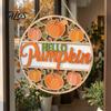 Country Style Porch Sign Autumn Harvest Wooden Wreath Pendant, Front Door Hanging Ornaments with Hemp Rope, Natural Wood Hello Plaque Pumpkins