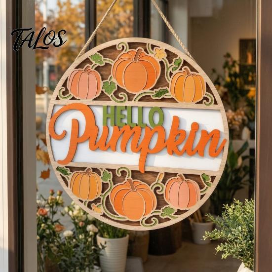 Country Style Porch Sign Autumn Harvest Wooden Wreath Pendant, Front Door Hanging Ornaments with Hemp Rope, Natural Wood Hello Plaque Pumpkins