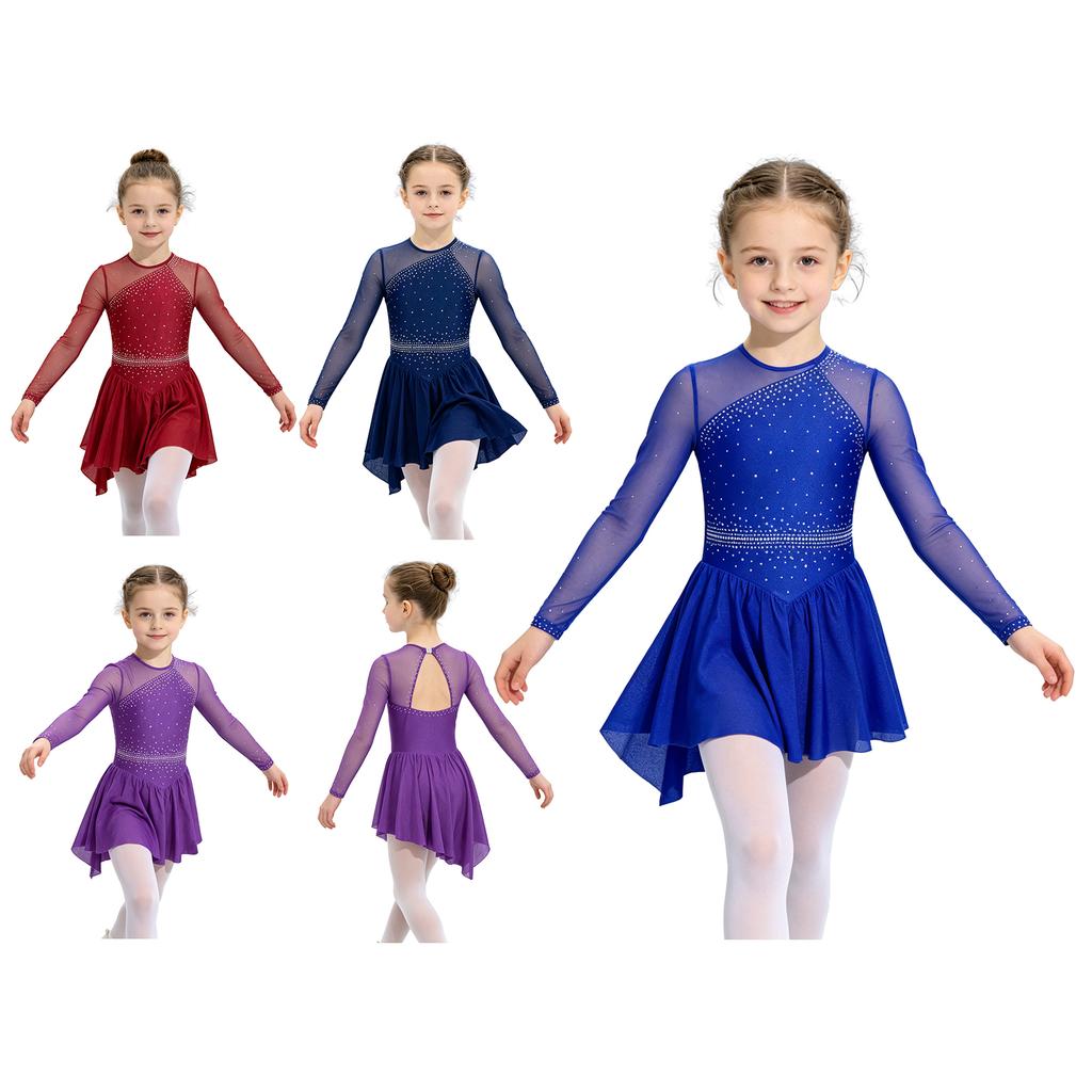 Kids Girls Glittery Rhinestone Figure Skating Dress Cutout Back Mesh Patchwork Long Sleeve Asymmetrical Hem for Ice Competition Stage Performance