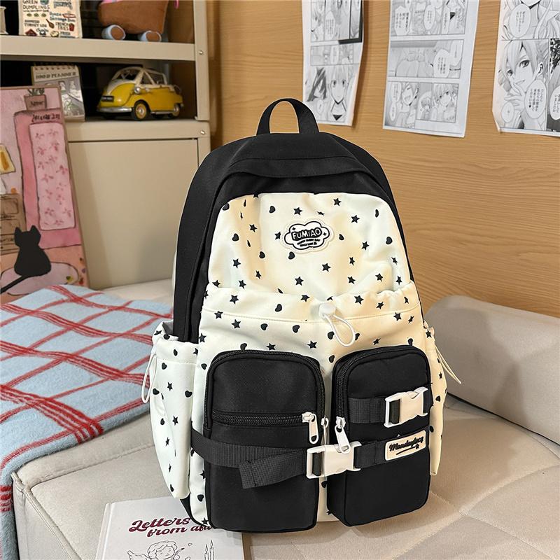 Süßer Nylon-Rucksack für Damen – Kawaii Stern & Punkt Muster Schultasche mit mehreren Taschen und verstellbaren Trägern, Perfekt für den täglichen Gebrauch