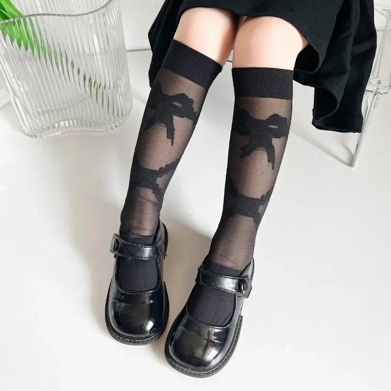 1 Pair Sweet Kids Girls Calf Sock Fashion Bowknot Heart Style Knee High Sock for Toddler Summer Thin Soft Elastic Sock One Size