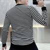Men Autumn Winter Korean Fashion Striped Long Sleeve T-shirt Casual O Neck Slim Basic Pullover Tops